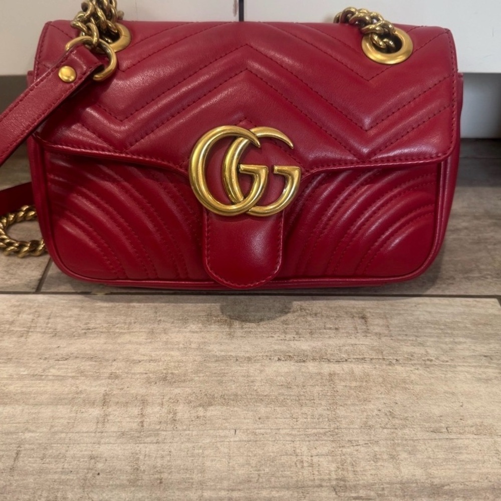 Gucci Cherry Red Marmont Chevron Shoulder Bag with Gold Hardware